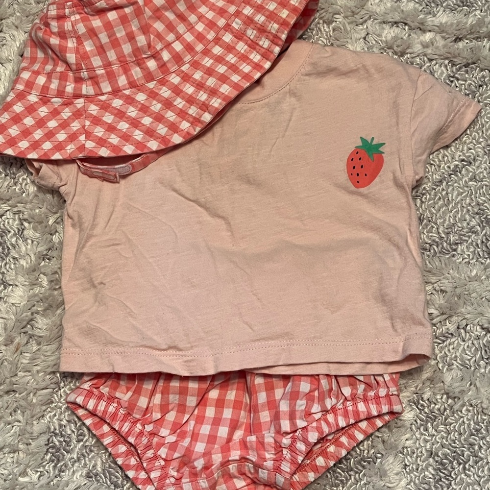 Pink Gingham Baby Outfit with Strawberry Print